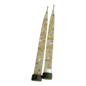 Vintage Taper Candles Clear Lucite Acrylic Floating Gold Leaf Fleck Candlesticks MCM a Pair