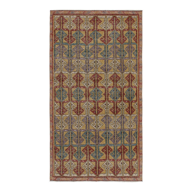 1960s Vintage Distressed Rug in Golden-Brown With Blue & Red Geometric Patterns For Sale