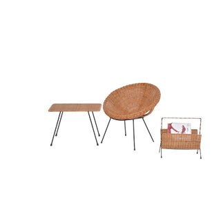 Mid-Century Italian Rattan Bowl Chair with Side Table and Magazine Rack, 1950s, Set of 3 For Sale