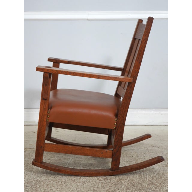 Arts & Crafts Antique L&jg Stickley Leather Seat Rocking Chair For Sale - Image 3 of 18