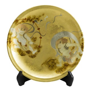Made-to-Order Japanese Decorative Plate “Raijin & Fujin” – Gold & Colored Leaf on Tochi Wood For Sale