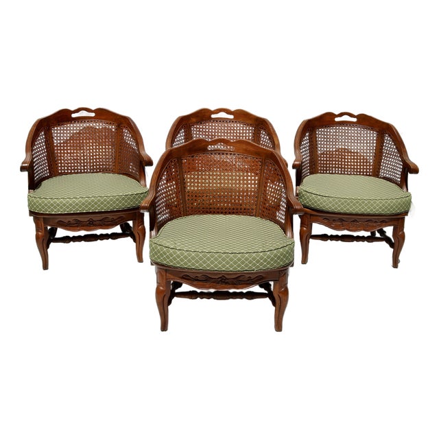 Mid 20th Century Carved French Country Cane Barrel Armchairs With Green Cushions-Set of 4 For Sale