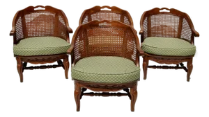 Mid 20th Century Carved French Country Cane Barrel Armchairs With Green Cushions-Set of 4