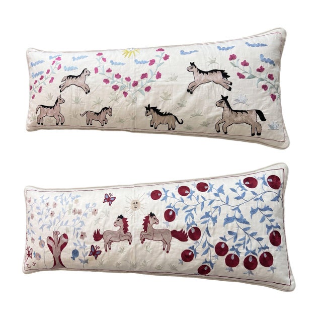 Mid-Century Modern White Horse Suzani Lumbar Pillow Cover 18'' X 54'' - Set of Two For Sale - Image 3 of 4