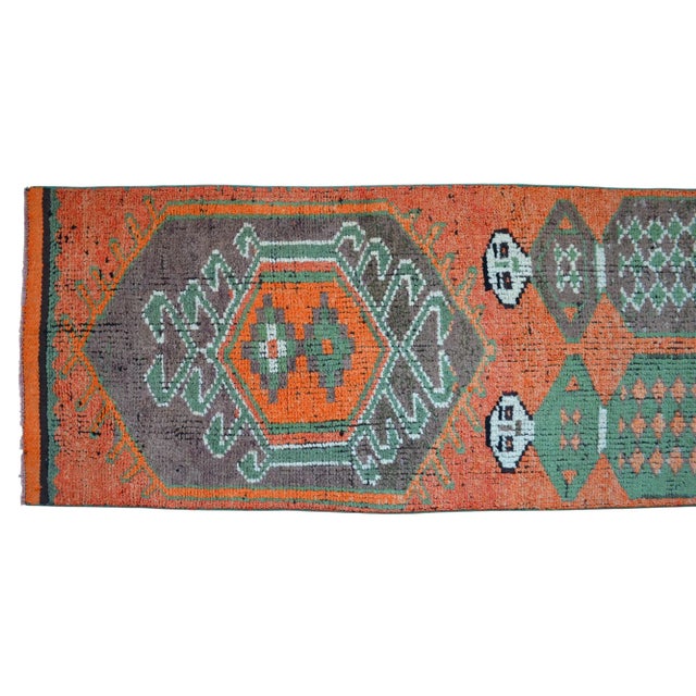 Mythological Runner Rug Hand-Knotted 2'9"x9'6" Vibrant Orange Turkish Rug Kitchen Runner Extraterrestrial Motif For Sale - Image 11 of 14