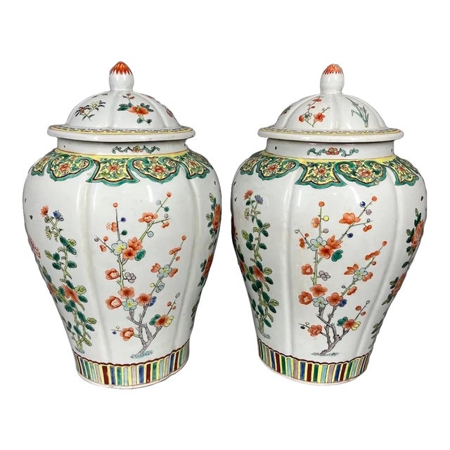 Mid 20th Century Chinese Porcelain Family Verte Vases - a Pair For Sale