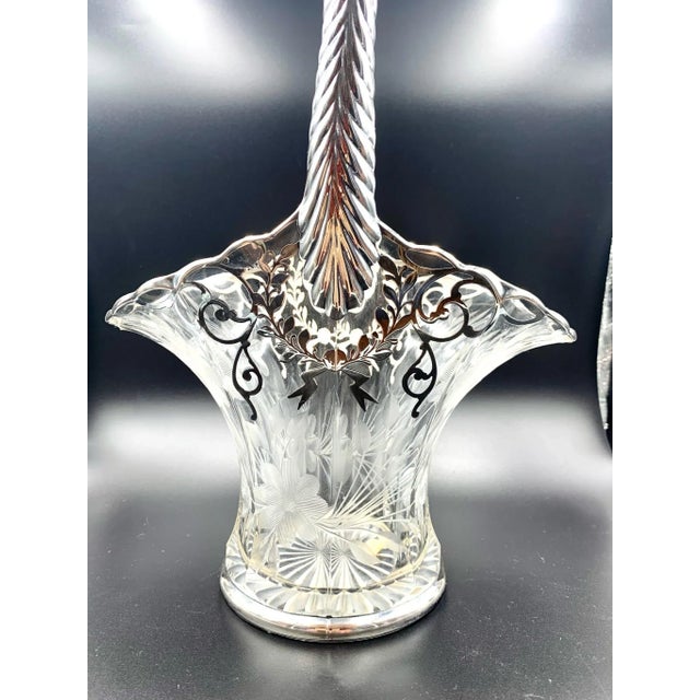 Antique Etched Floral Sterling Silver Overlay Wedding Bride's Basket For Sale - Image 10 of 13