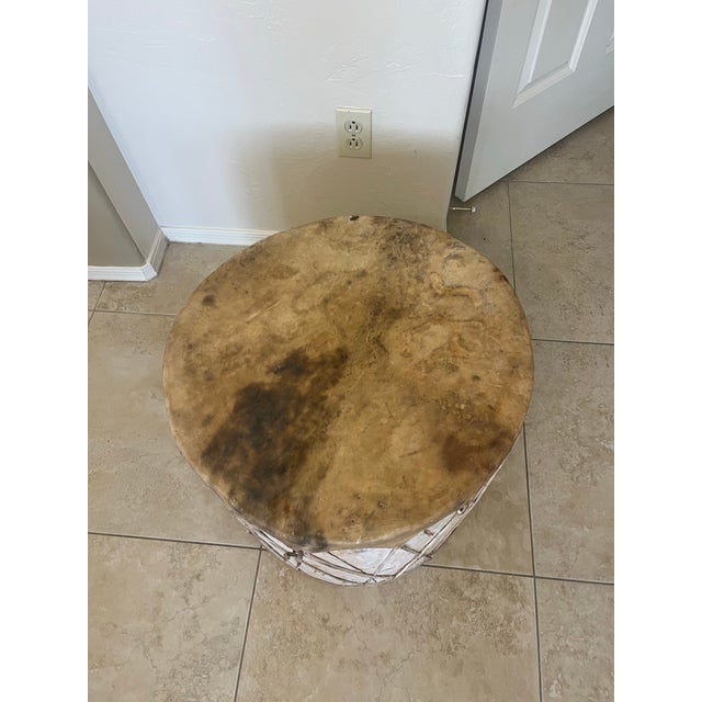 Vintage Native American Indian Wood Rawhide Stretched Leather Drum and Glass Coffee Table For Sale - Image 10 of 12