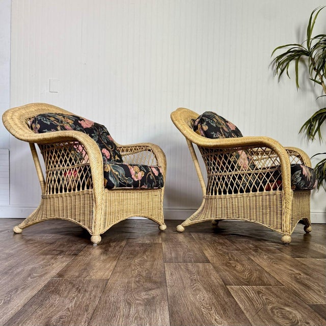 Pair Vintage Wicker Lounge Chairs W/ Floral Cushions For Sale - Image 9 of 12