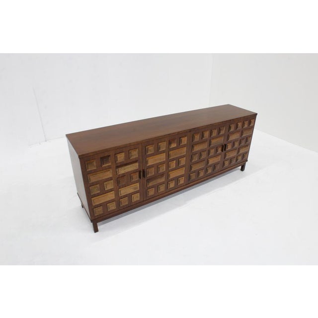Spanish Brutalist Sideboard with panelled geometric front. Beautiful piece from the 1970s Spain. Excellent wood...
