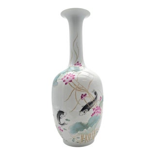 Jingdezhen Fencai Lotus and Koi Tall Porcelain Studio Vase, 18.5 Inches For Sale