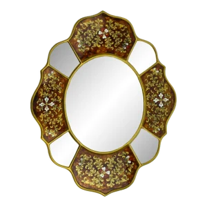 Late 20th Century Handcrafted Hand Painted Peruvian Cajamarca Floral Reverse Painting on Glass Mirror Wall Decor