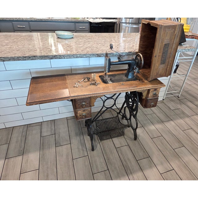 Mid-Century Modern Antique Davis Treadle Sewing Machine in Wooden Cabinet With Ornate Cast Iron Base, Late 19th Century For Sale - Image 3 of 14