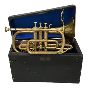 Late 19th Century Antique Brass Cornet - Musical Instrument in Original Wood Coffin Case - for Decorational Purposes