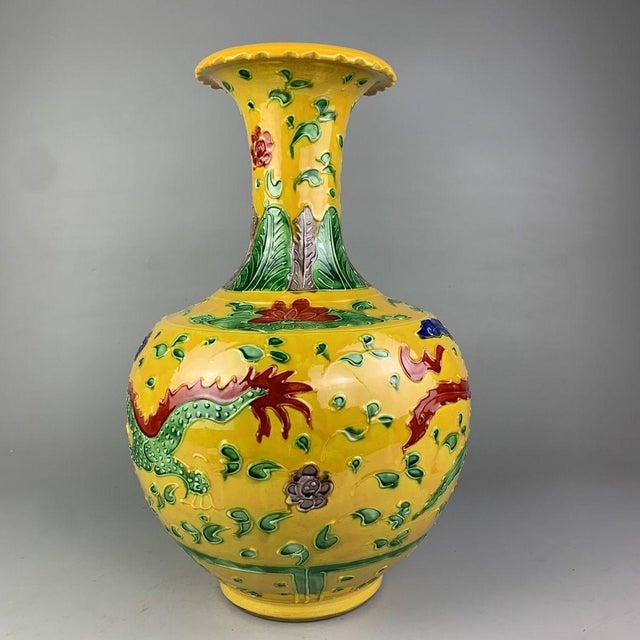 Large Yellow-Ground Chinese Porcelain Tianqiuping Vase With Raised Dragon Motif For Sale In New York - Image 6 of 6