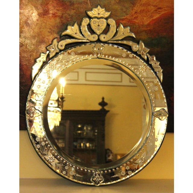 Italian VTG Venetian Murano Glass Mirror Etched Floral Round Italy, 28.5" T X 22.5" W For Sale - Image 3 of 10