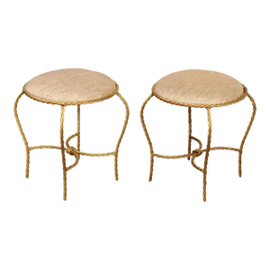 Hollywood Regency Pair of Gilt Metal Rope Twist Stools