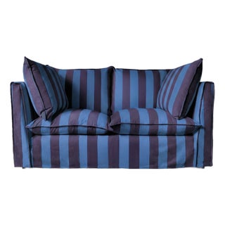Sophie Conran Coco 2 Seater Sofa - Coastal Blue & Navy Blue Stripes with Knife Edge Cushion For Sale