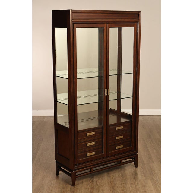 High Quality Two-Door China or Curio Cabinet Opening to Lighted Interior and Adjustable Glass Shelves Over Dovetailed Drawers