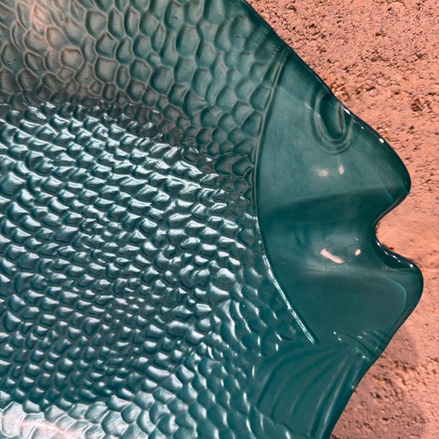 For your consideration, a vintage turquoise glass fish plate. Produced during the mid-to-late 20th century (often dating...