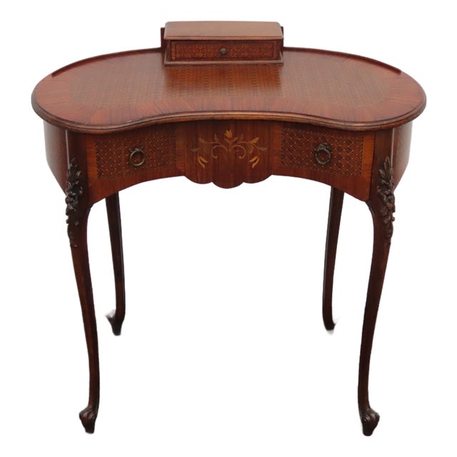 French Early 1900s Kidney Shape Carved Inlaid Small Writing Desk 6620 For Sale