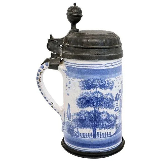 German Bayreuth Faience Pottery Pewter Mounted Blue and White Tankard For Sale - Image 13 of 13