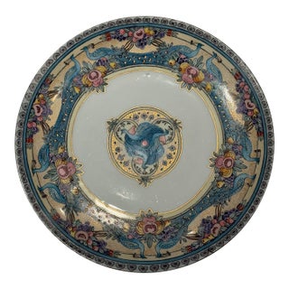 1913 Art Nouveau Hand-Painted Bavarian Porcelain Monumental Peacock Charger Plate by Emma I. Timlin — 13" For Sale