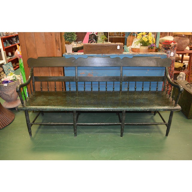 1960s Shabby Green Wood Long Deacon's Bench With Arms & Custom Cushion