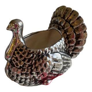 Vintage Boston Warehouse Metallic Silver Glazed Ceramic Turkey Planter. Festive Centerpiece. Thanksgiving Christmas For Sale