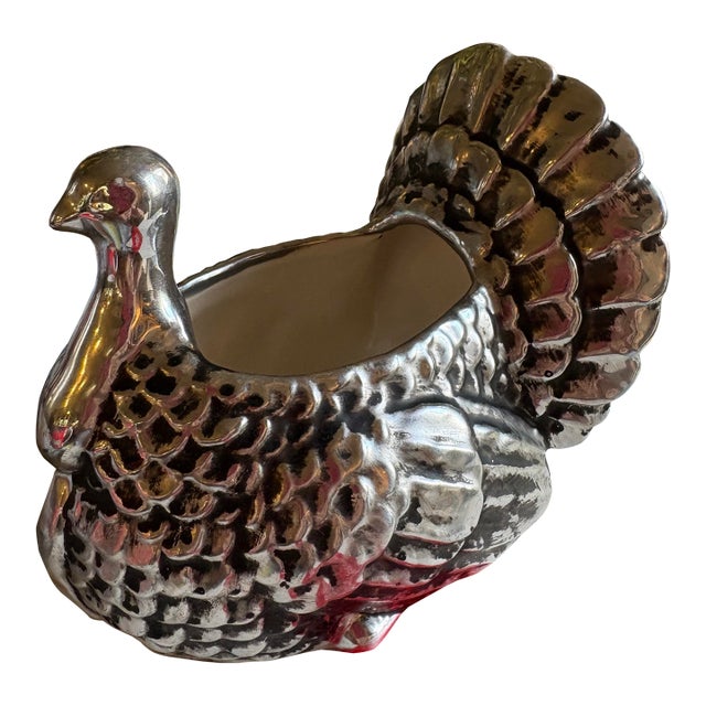 Vintage Boston Warehouse Metallic Silver Glazed Ceramic Turkey Planter. Festive Centerpiece. Thanksgiving Christmas For Sale