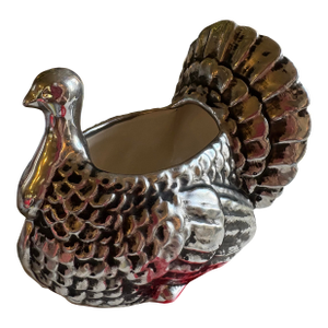 Vintage Boston Warehouse Metallic Silver Glazed Ceramic Turkey Planter. Festive Centerpiece. Thanksgiving Christmas
