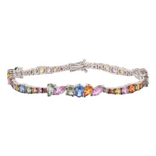 Boho Chic 10.97ct Mixed Cut Multicolor Sapphire Tennis Bracelet in 18k Gold, 7.5 Inches For Sale
