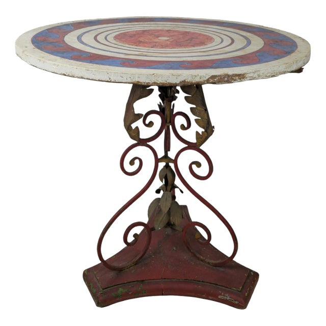 French Garden Table with Painted Top and Iron and Wood Base, 1900s For Sale