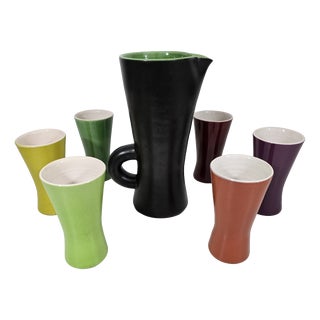 Ceramic Model 860 Pitcher and Tumblers by Pol Chambost, France, 1950s, Set of 7 For Sale