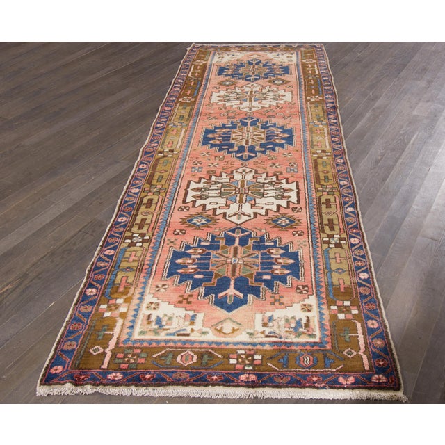 1950s 4 X 11 Handmade Vintage Hamadan Peach Wool Rug With Tribal Design For Sale - Image 5 of 5