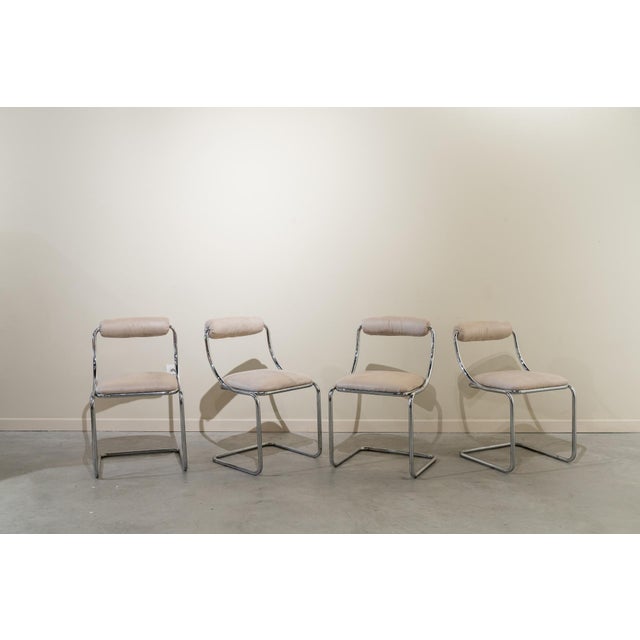 Set of Four Tubular Steel Chairs, Space Age, Upholstered in White Suede. C. 1970, Set of 4 For Sale - Image 13 of 13