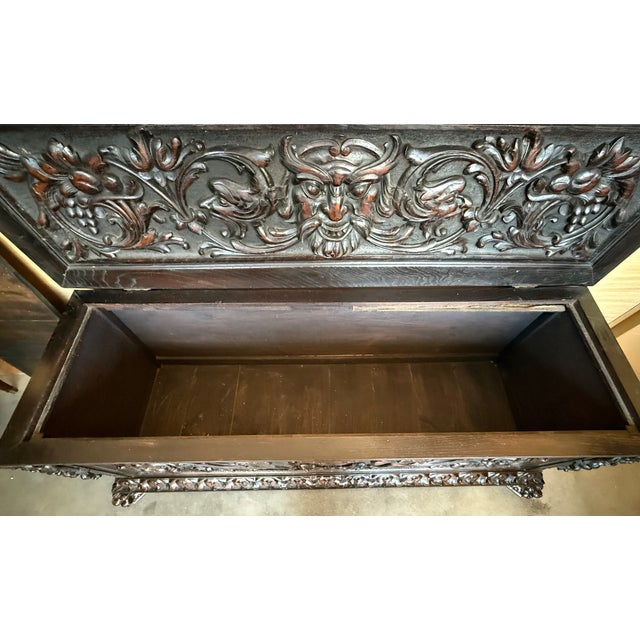 19th Spanish Baroque Carved Large Hall Bench With Storage For Sale - Image 9 of 15