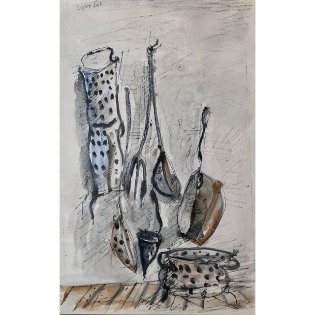 Gray Yosl Bergner, Israeli Yosl Bergner Modernist Watercolor Painting Drawing Pots, Pans For Sale - Image 8 of 10