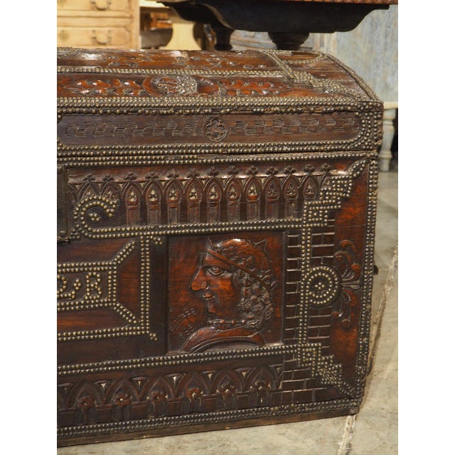 A Fascinating 17th Century Carved and Iron Studded French Trunk, Dated 1632 For Sale - Image 18 of 18