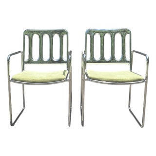 Vintage Mid Century Chromcraft Cantilever Armchairs With Olive Green Upholstery, a Pair Circa 1970 For Sale