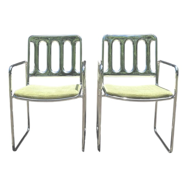 Vintage Mid Century Chromcraft Cantilever Armchairs With Olive Green Upholstery, a Pair Circa 1970 For Sale