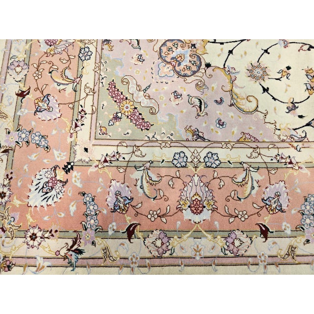 Persian Tabriz Rug, Hand-Knotted Wool & Silk, Fine Floral Pattern, Ivory & Pink, 7x10 For Sale - Image 15 of 15