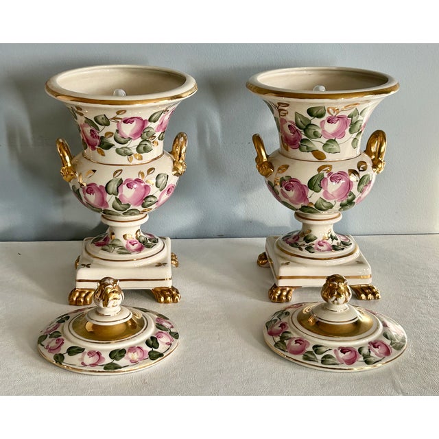 Vtg. Pair of Italian Charleston Line Porcelain Lidded Lamp W/Roses For Sale - Image 12 of 13