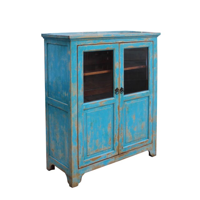 Rustic Distressed Bright Blue Glass Display Bookcase Curio Cabinet For Sale - Image 3 of 7