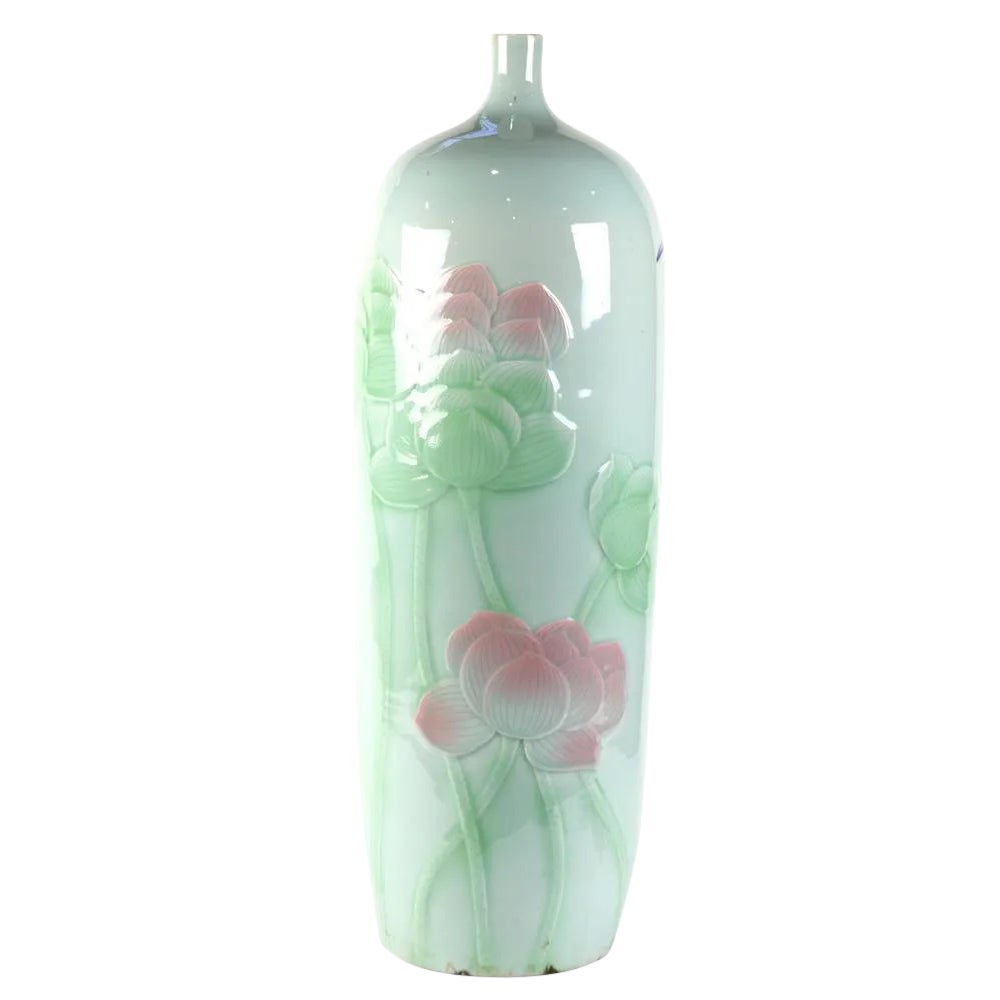 26" Tall Chinese Rouleau Form Ceramic Vase With Relief Artwork Chairish