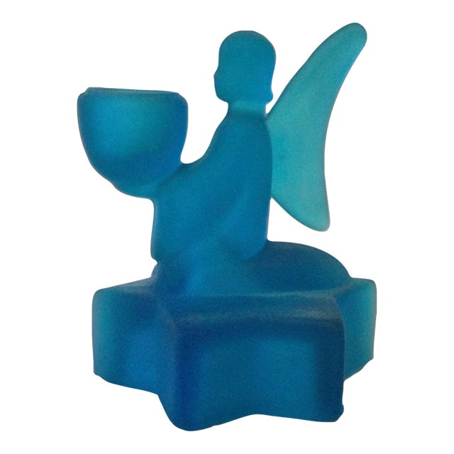 Vintage Turquoise Blue Frosted Glass Angel Candler Holder For Sale