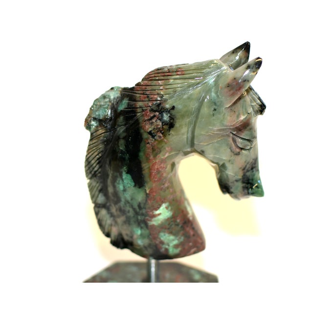 Natural Emerald Gemstone Horse Bust Sculpture Hand Carved Cherry Blossom For Sale In Los Angeles - Image 6 of 13