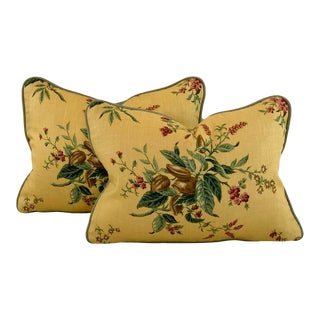 Designer Schumacher French General "Woodland Foliage" Green Gold Raspberry-Red Botanical Floral Pillow Covers- Pair For Sale