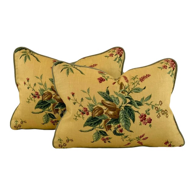 Designer Schumacher French General "Woodland Foliage" Green Gold Raspberry-Red Botanical Floral Pillow Covers- Pair For Sale