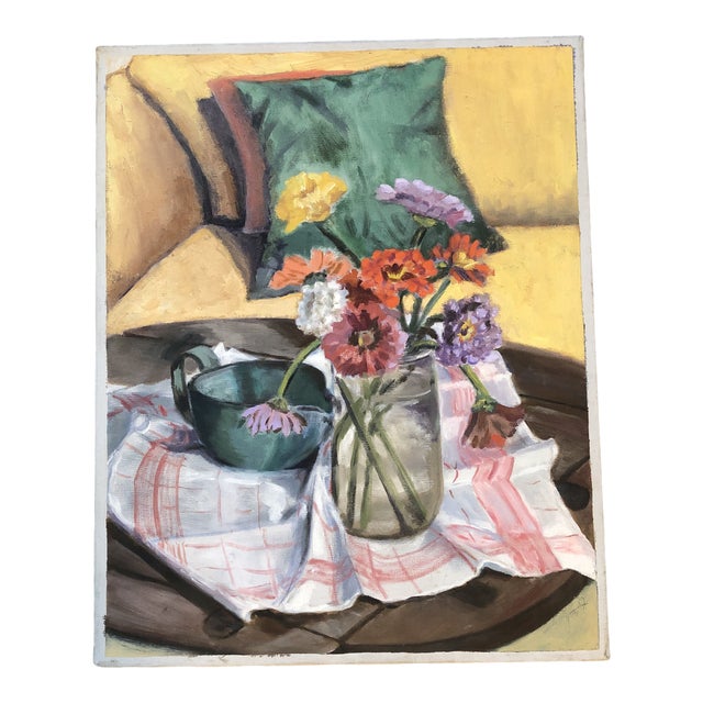 Vintage Original Still Life Painting With Zinnias For Sale